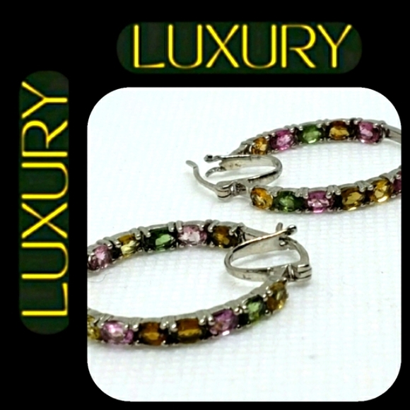 Tourmaline Multicolored Hoop Sterling Silver Earrings - Picture 2 of 4